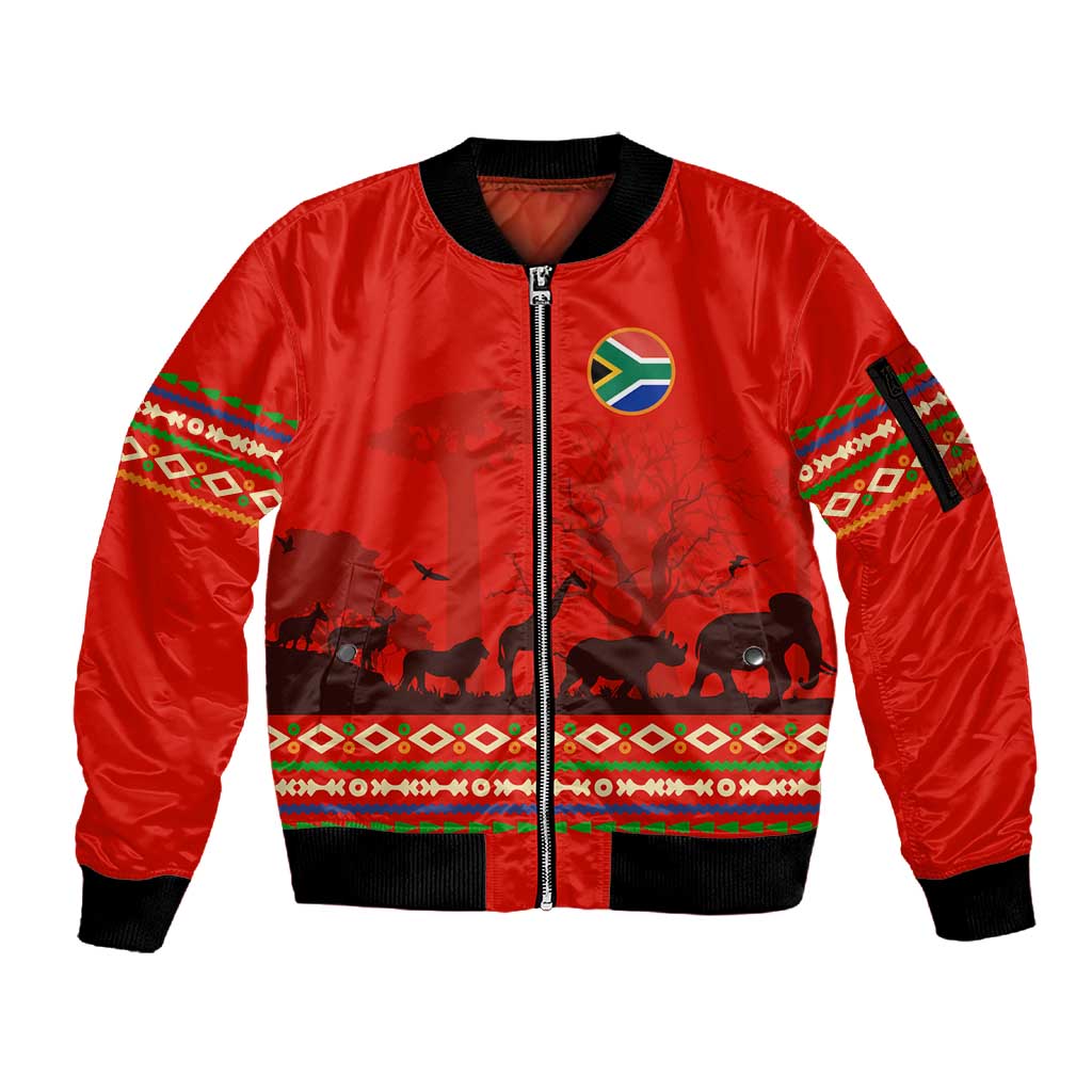 Wildlife South Africa Sleeve Zip Bomber Jacket Tribal Pattern National Flag Safari Silhouettes