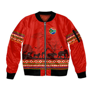 Wildlife South Africa Sleeve Zip Bomber Jacket Tribal Pattern National Flag Safari Silhouettes