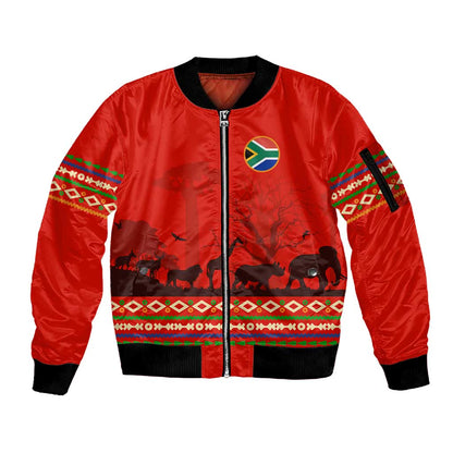 Wildlife South Africa Sleeve Zip Bomber Jacket Tribal Pattern National Flag Safari Silhouettes