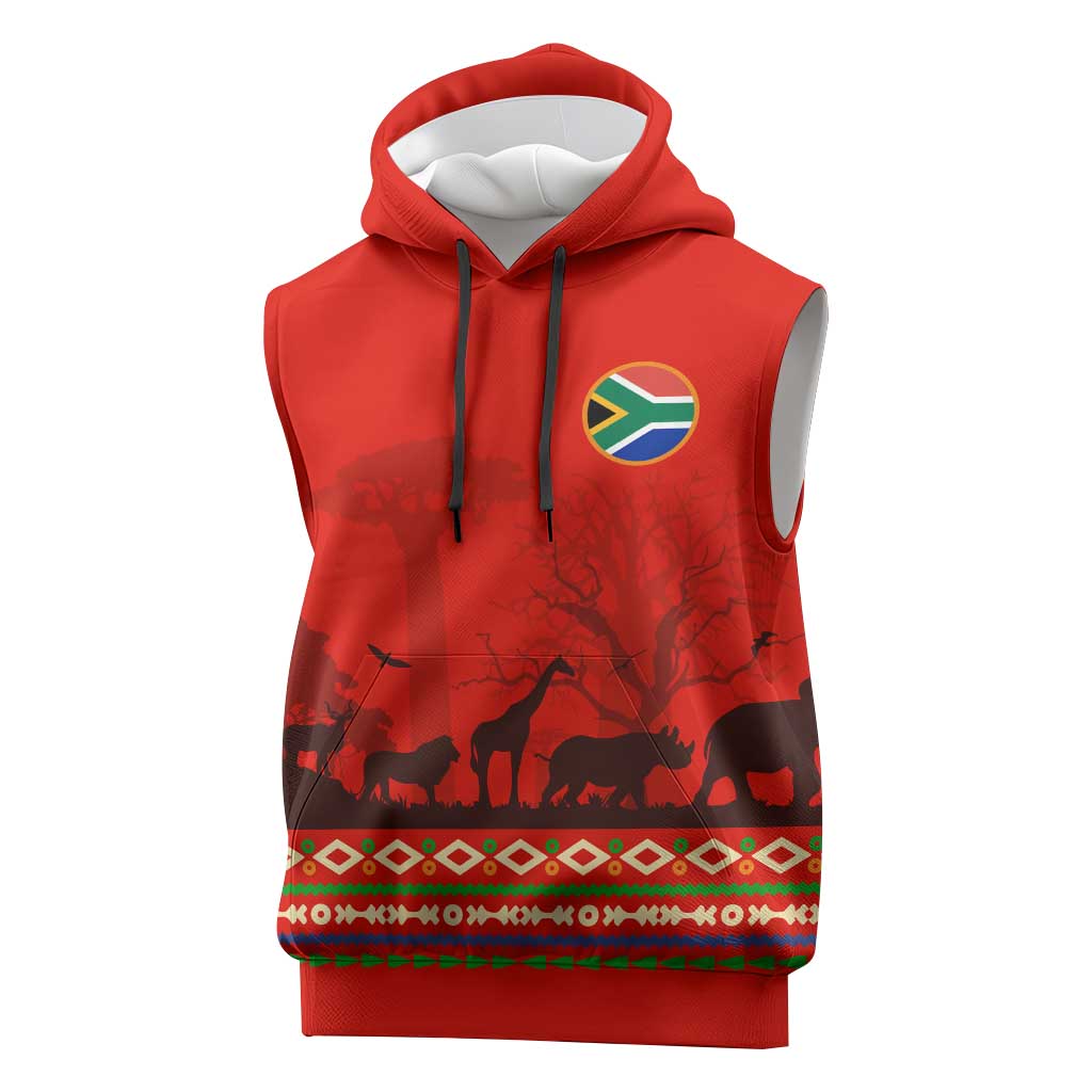 Wildlife South Africa Sleeveless Hoodie Tribal Pattern National Flag Safari Silhouettes - African Pride
