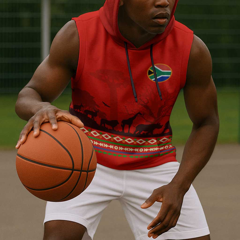 Wildlife South Africa Sleeveless Hoodie Tribal Pattern National Flag Safari Silhouettes - African Pride