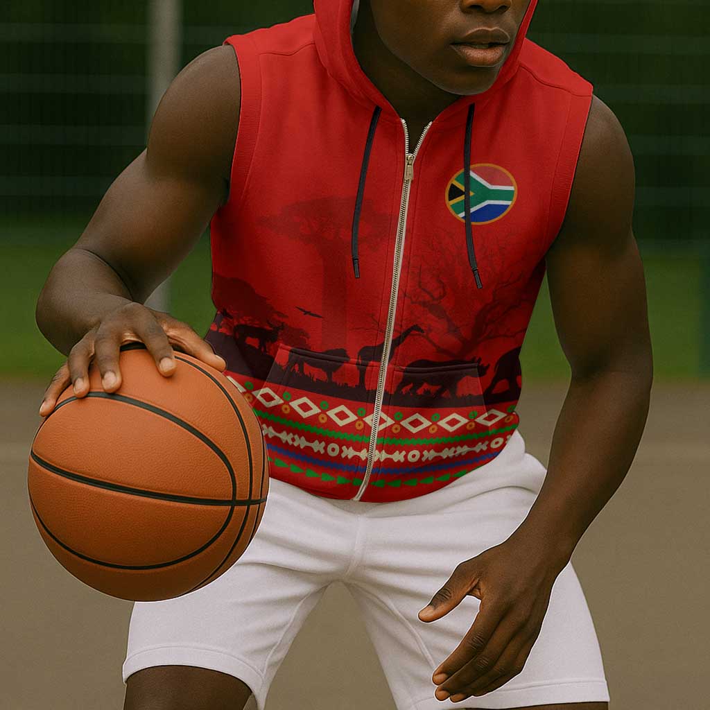 Wildlife South Africa Sleeveless Zip Hoodie Tribal Pattern National Flag Safari Silhouettes - African Pride