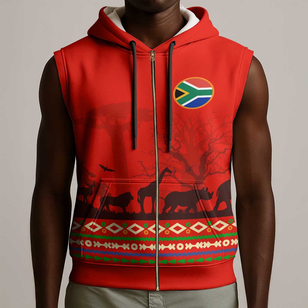 Wildlife South Africa Sleeveless Zip Hoodie Tribal Pattern National Flag Safari Silhouettes - African Pride