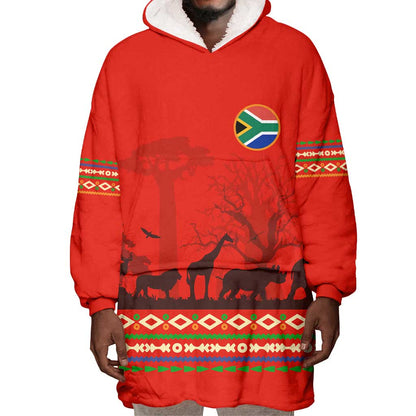 Wildlife South Africa Wearable Blanket Hoodie Tribal Pattern National Flag Safari Silhouettes