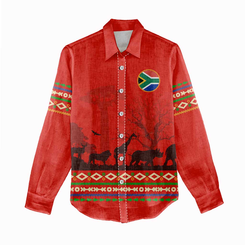 Wildlife South Africa Women Casual Shirt Tribal Pattern National Flag Safari Silhouettes