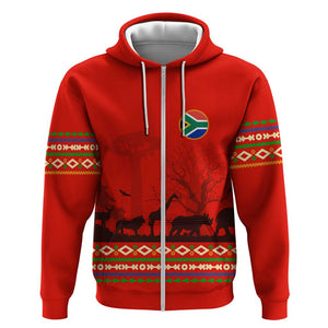 Wildlife South Africa Zip Hoodie Tribal Pattern National Flag Safari Silhouettes