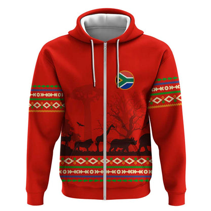 Wildlife South Africa Zip Hoodie Tribal Pattern National Flag Safari Silhouettes