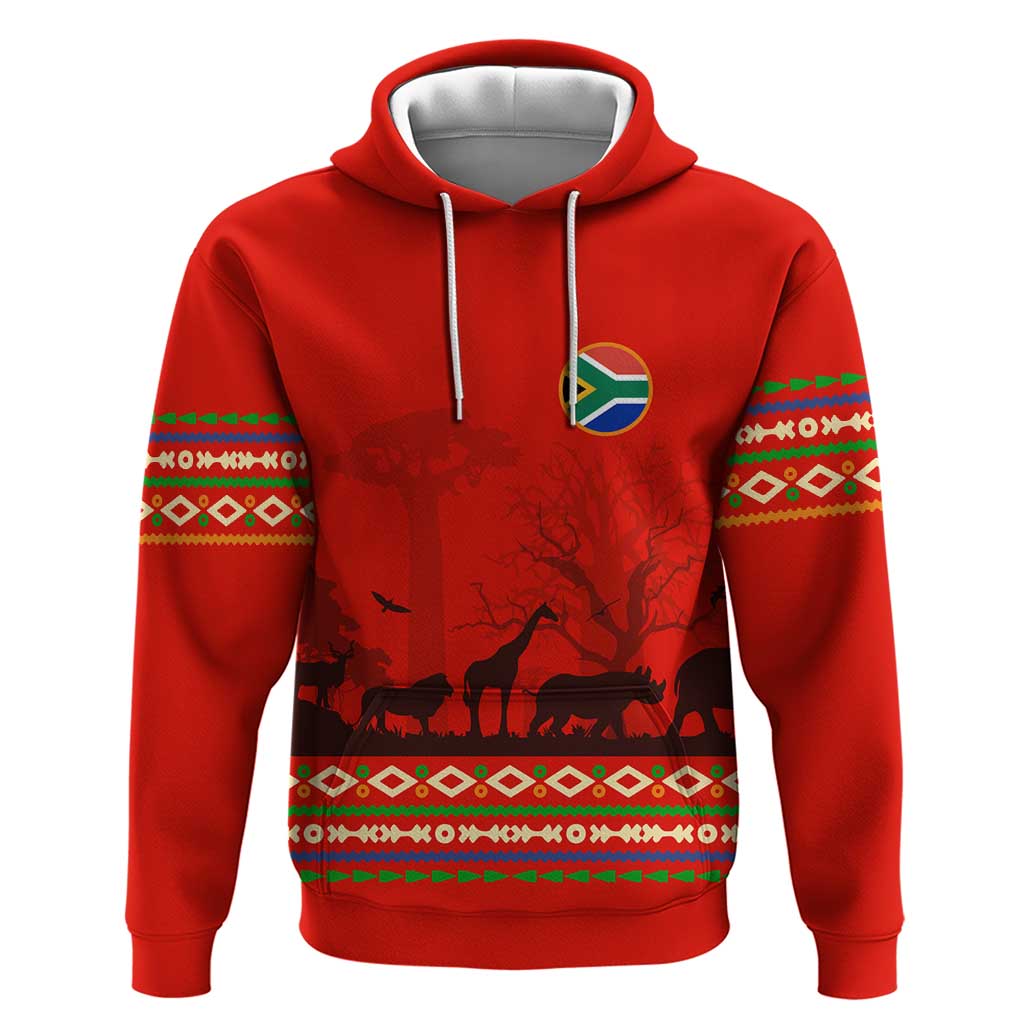 Wildlife South Africa Zip Hoodie Tribal Pattern National Flag Safari Silhouettes