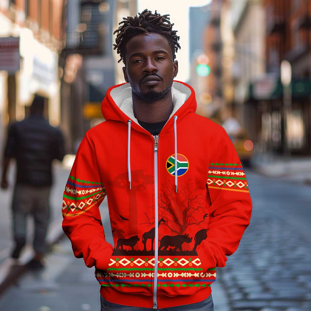 Wildlife South Africa Zip Hoodie Tribal Pattern National Flag Safari Silhouettes
