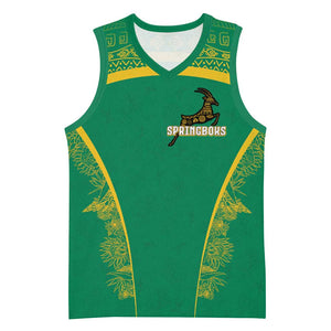 South Africa Springboks Basketball Jersey with Tribal Antelope Design and Floral Accents - African Pride
