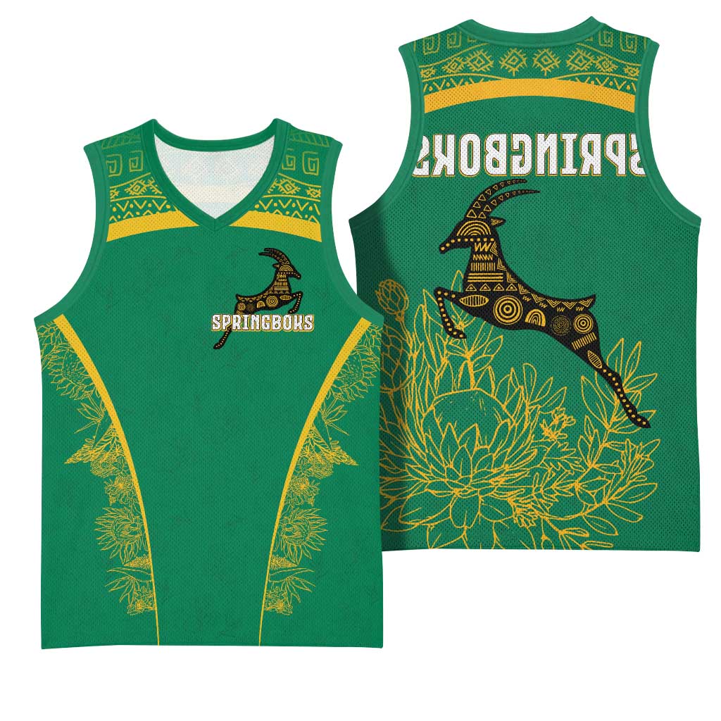 South Africa Springboks Basketball Jersey with Tribal Antelope Design and Floral Accents - African Pride