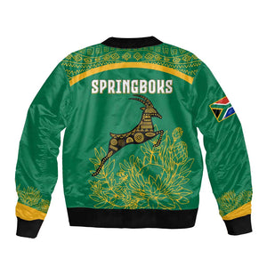 South Africa Springboks Bomber Jacket with Tribal Antelope Design and Floral Accents
