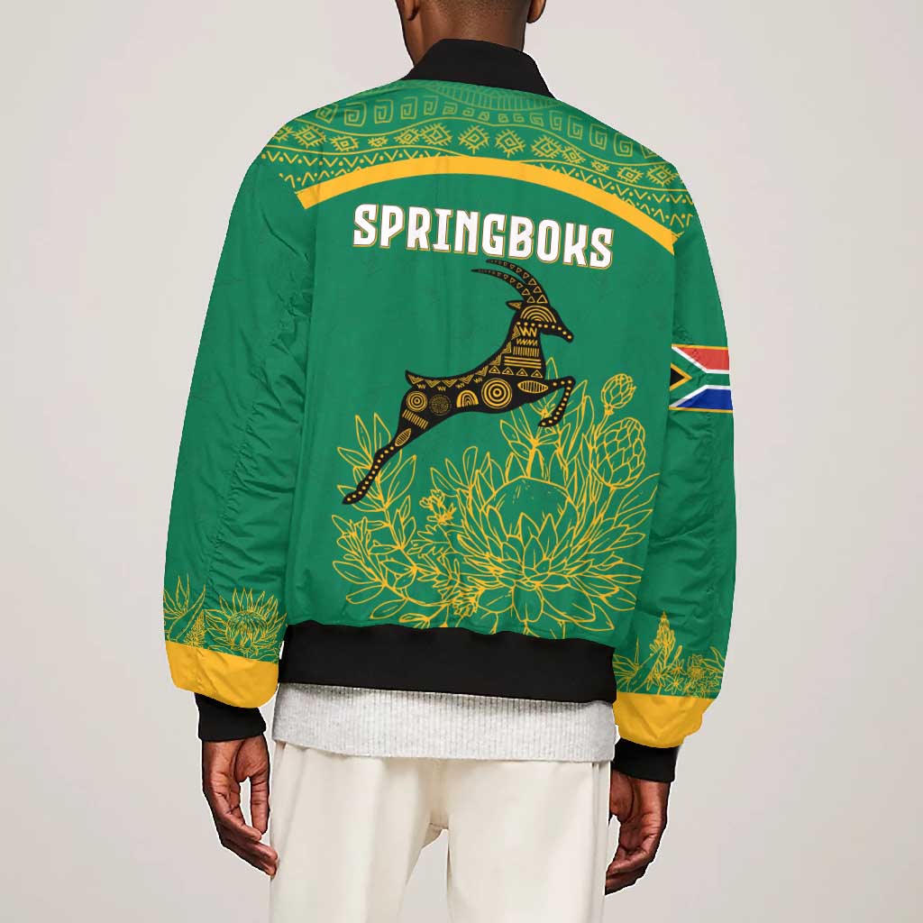 South Africa Springboks Bomber Jacket with Tribal Antelope Design and Floral Accents