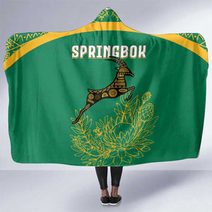 South Africa Springboks Hooded Blanket with Tribal Antelope Design and Floral Accents