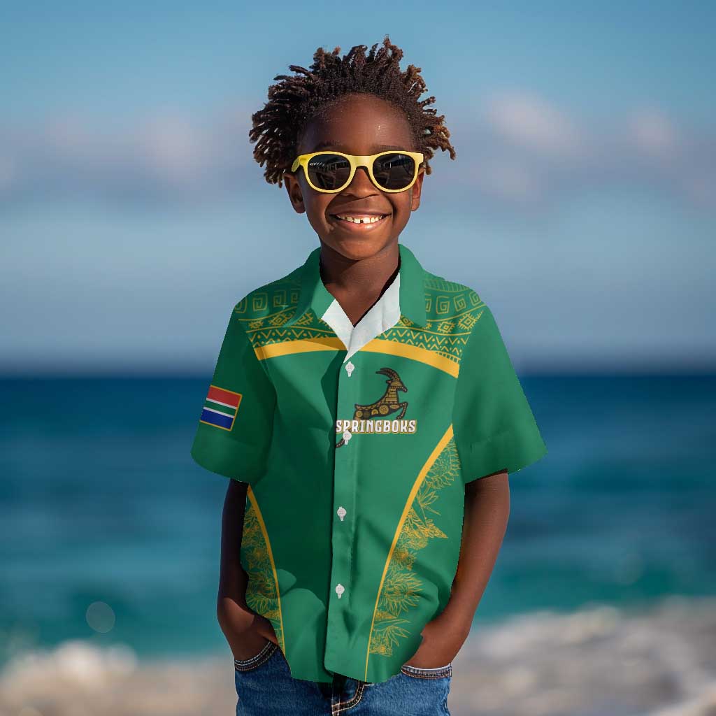 South Africa Springboks Kid Hawaiian Shirt with Tribal Antelope Design and Floral Accents