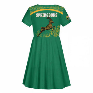 South Africa Springboks Kid Short Sleeve Dress with Tribal Antelope Design and Floral Accents