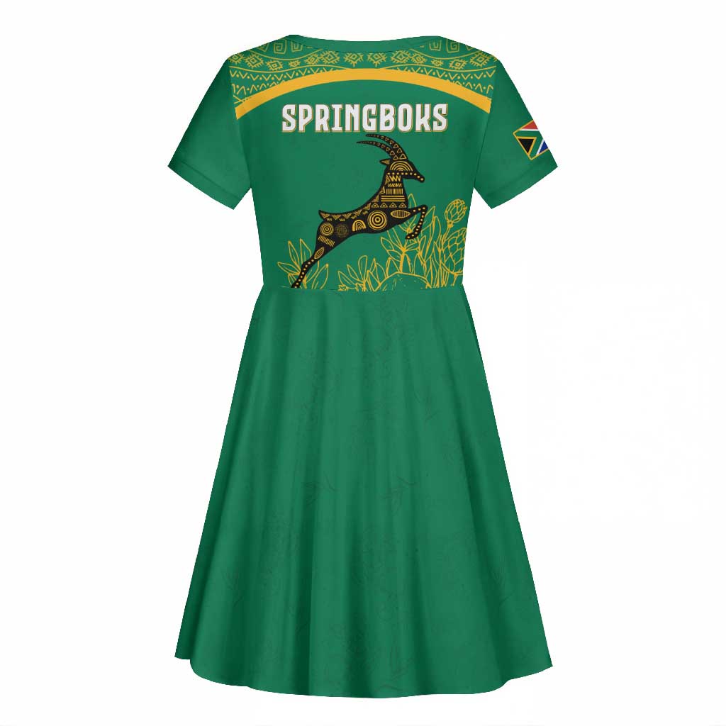 South Africa Springboks Kid Short Sleeve Dress with Tribal Antelope Design and Floral Accents