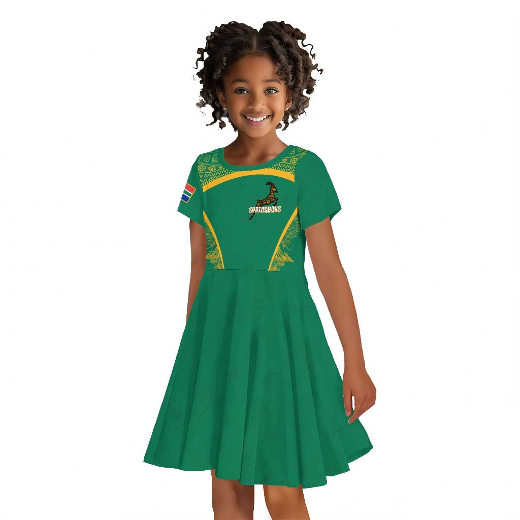 South Africa Springboks Kid Short Sleeve Dress with Tribal Antelope Design and Floral Accents