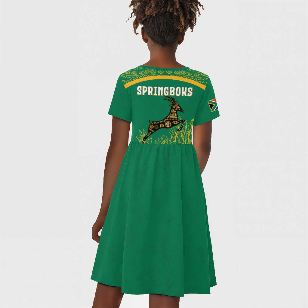 South Africa Springboks Kid Short Sleeve Dress with Tribal Antelope Design and Floral Accents