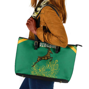 South Africa Springboks Leather Tote Bag with Tribal Antelope Design and Floral Accents
