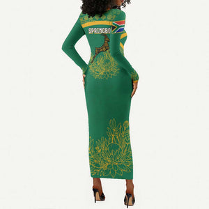 South Africa Springboks Long Sleeve Bodycon Dress with Tribal Antelope Design and Floral Accents