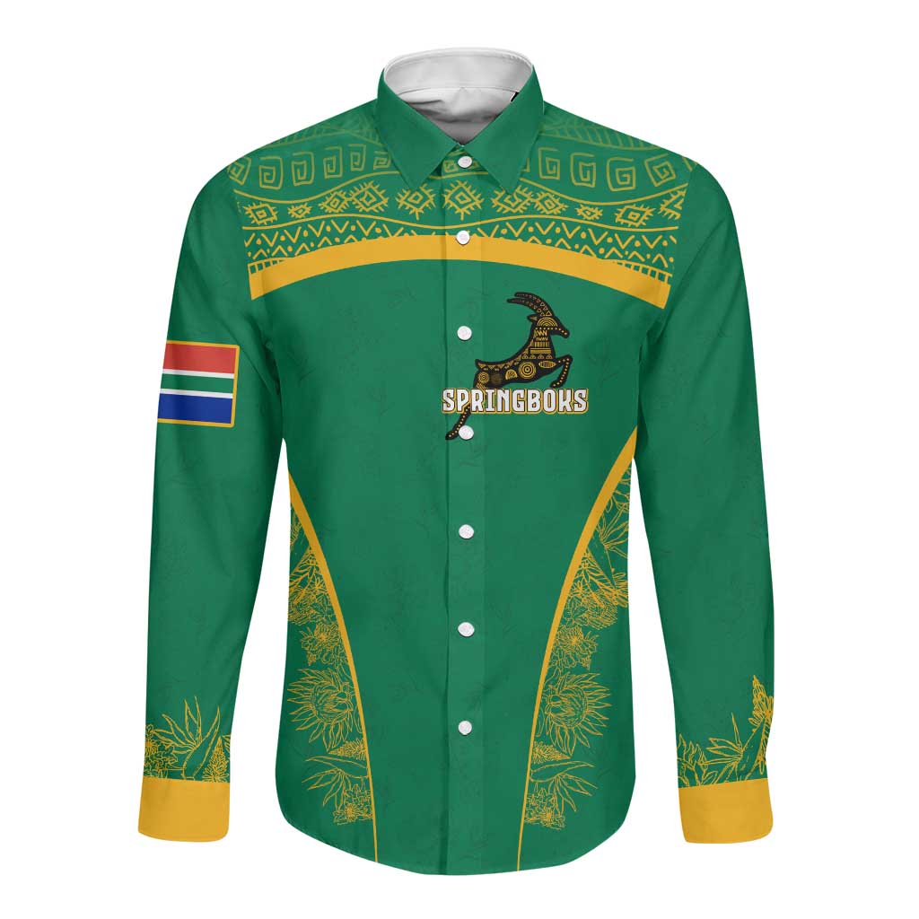 South Africa Springboks Long Sleeve Button Shirt with Tribal Antelope Design and Floral Accents