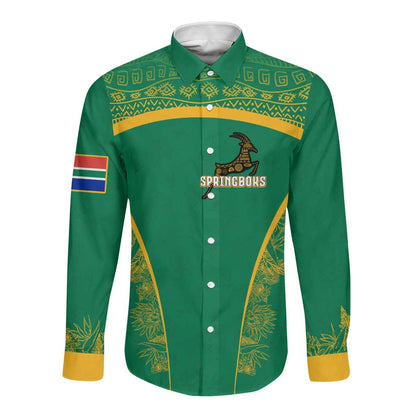 South Africa Springboks Long Sleeve Button Shirt with Tribal Antelope Design and Floral Accents