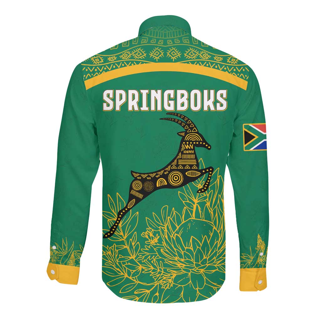 South Africa Springboks Long Sleeve Button Shirt with Tribal Antelope Design and Floral Accents