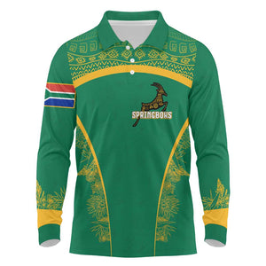 South Africa Springboks Long Sleeve Polo Shirt with Tribal Antelope Design and Floral Accents