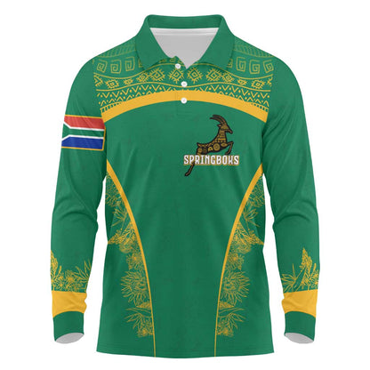 South Africa Springboks Long Sleeve Polo Shirt with Tribal Antelope Design and Floral Accents