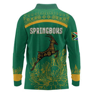 South Africa Springboks Long Sleeve Polo Shirt with Tribal Antelope Design and Floral Accents