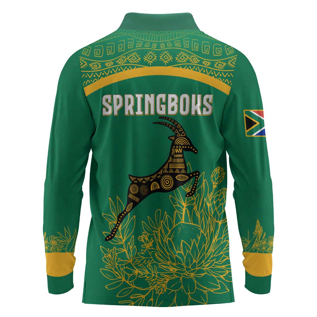South Africa Springboks Long Sleeve Polo Shirt with Tribal Antelope Design and Floral Accents