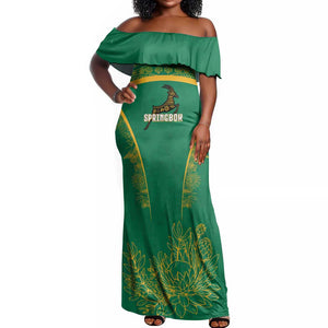 South Africa Springboks Off Shoulder Maxi Dress with Tribal Antelope Design and Floral Accents