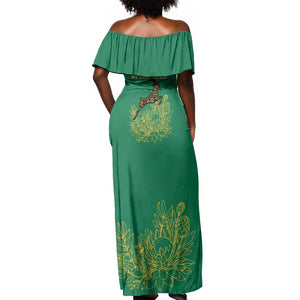 South Africa Springboks Off Shoulder Maxi Dress with Tribal Antelope Design and Floral Accents