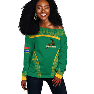 South Africa Springboks Off Shoulder Sweater with Tribal Antelope Design and Floral Accents