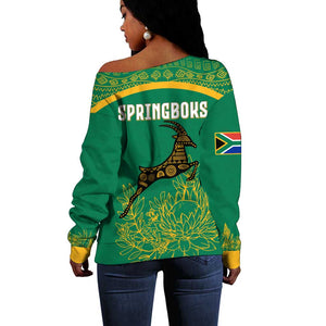 South Africa Springboks Off Shoulder Sweater with Tribal Antelope Design and Floral Accents
