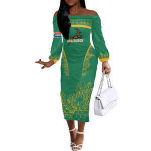 South Africa Springboks Off The Shoulder Long Sleeve Dress with Tribal Antelope Design and Floral Accents