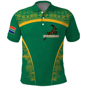 South Africa Springboks Polo Shirt with Tribal Antelope Design and Floral Accents