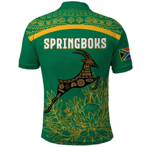 South Africa Springboks Polo Shirt with Tribal Antelope Design and Floral Accents