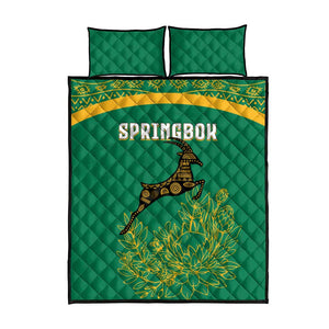South Africa Springboks Quilt Bed Set with Tribal Antelope Design and Floral Accents