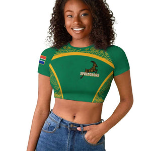 South Africa Springboks Raglan Cropped T shirt with Tribal Antelope Design and Floral Accents