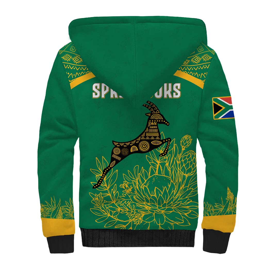South Africa Springboks Sherpa Hoodie with Tribal Antelope Design and Floral Accents