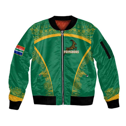 South Africa Springboks Sleeve Zip Bomber Jacket with Tribal Antelope Design and Floral Accents