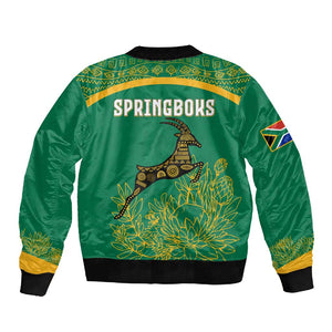 South Africa Springboks Sleeve Zip Bomber Jacket with Tribal Antelope Design and Floral Accents