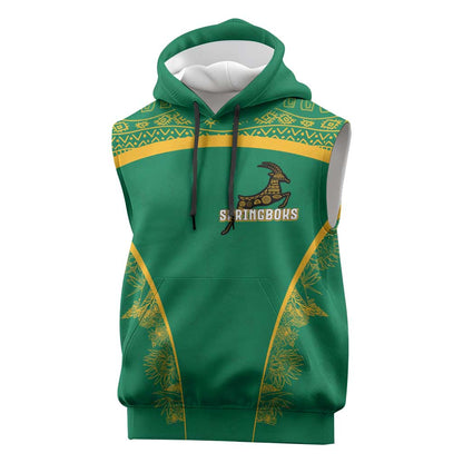 South Africa Springboks Sleeveless Hoodie with Tribal Antelope Design and Floral Accents - African Pride