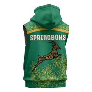 South Africa Springboks Sleeveless Hoodie with Tribal Antelope Design and Floral Accents - African Pride