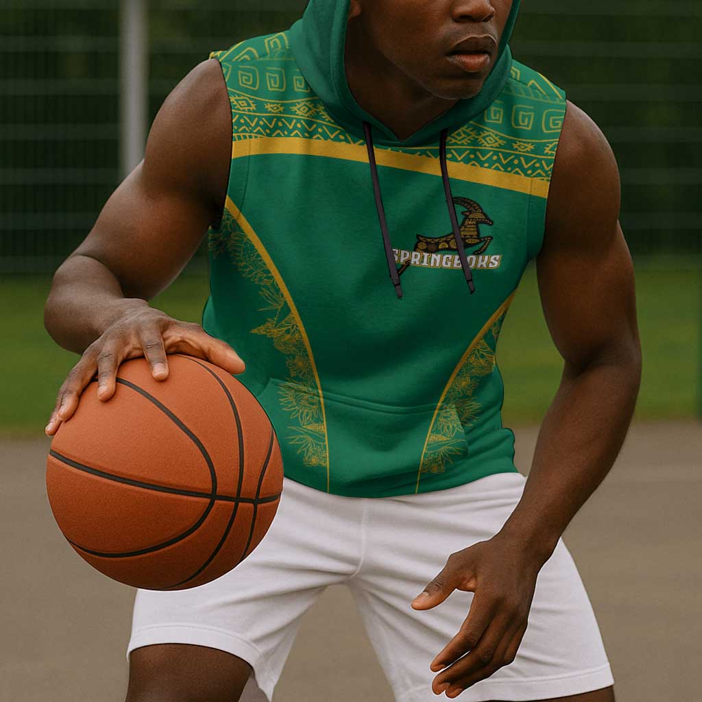 South Africa Springboks Sleeveless Hoodie with Tribal Antelope Design and Floral Accents - African Pride