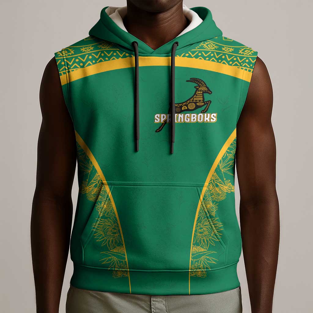 South Africa Springboks Sleeveless Hoodie with Tribal Antelope Design and Floral Accents - African Pride