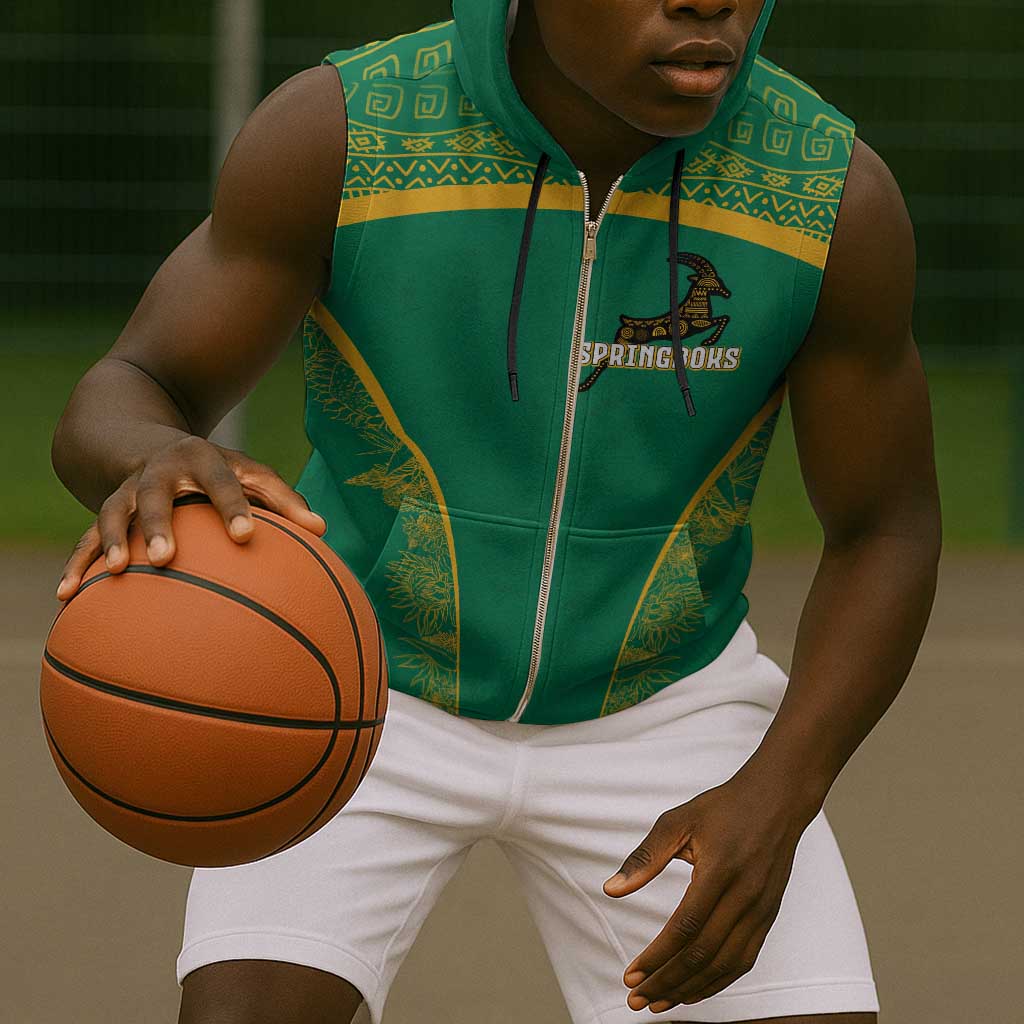 South Africa Springboks Sleeveless Zip Hoodie with Tribal Antelope Design and Floral Accents - African Pride