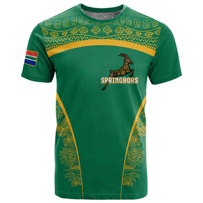 South Africa Springboks T shirt with Tribal Antelope Design and Floral Accents